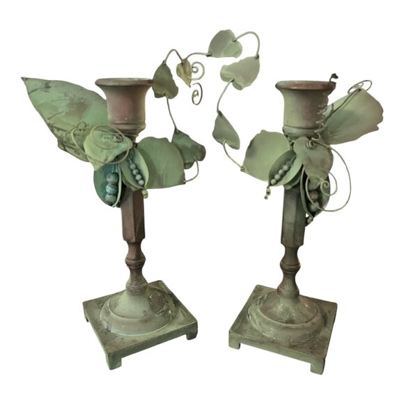 Vintage Solid Brass Candle Holders with Green Patina – Pea Pod & Vine Leaf Desig